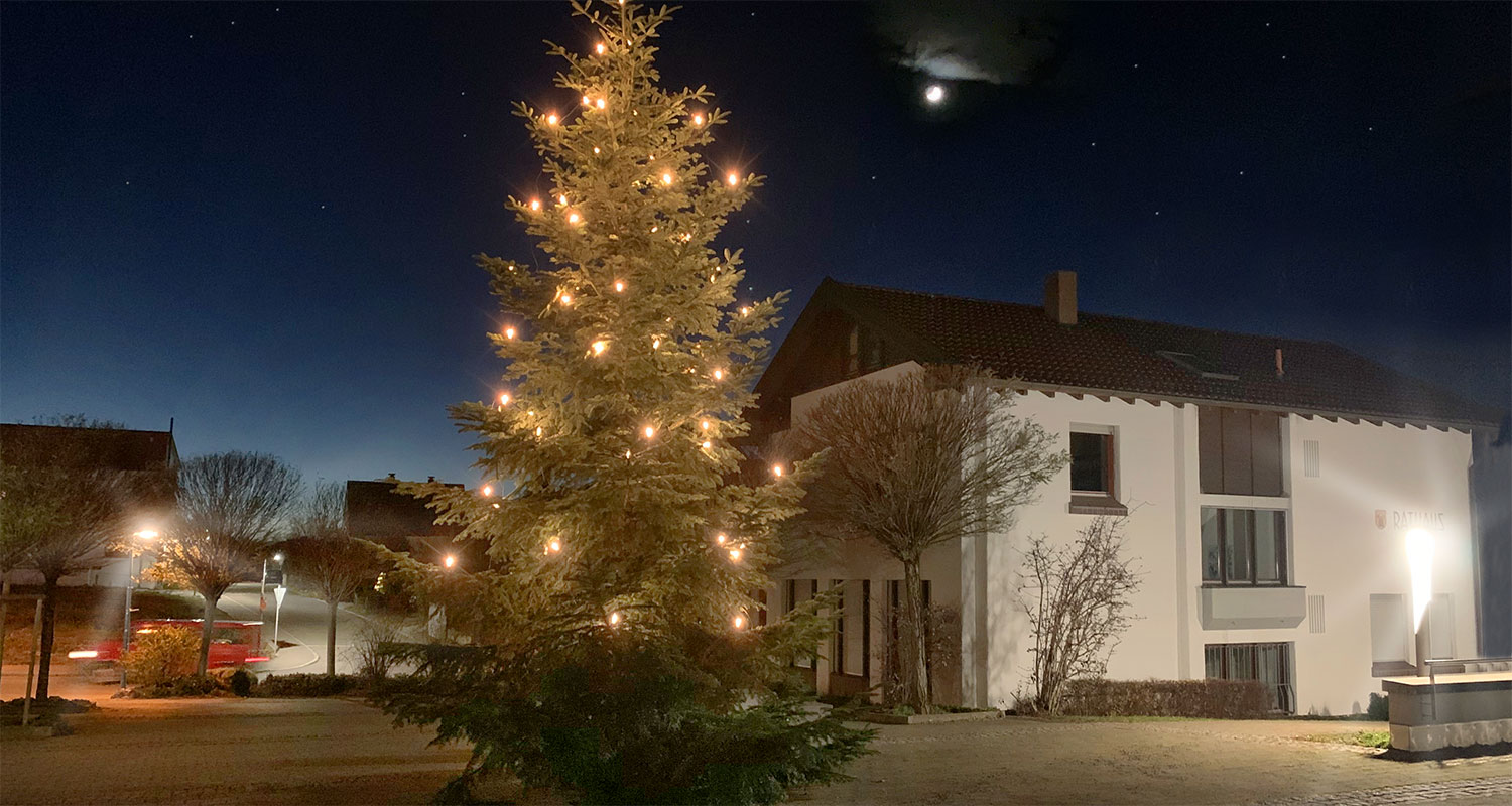 Bild: Nachtszene mit Mond über dem Rathaus und beleuchtetem Weihnachtsbaum · Foto: DIGNUS.DE Medien