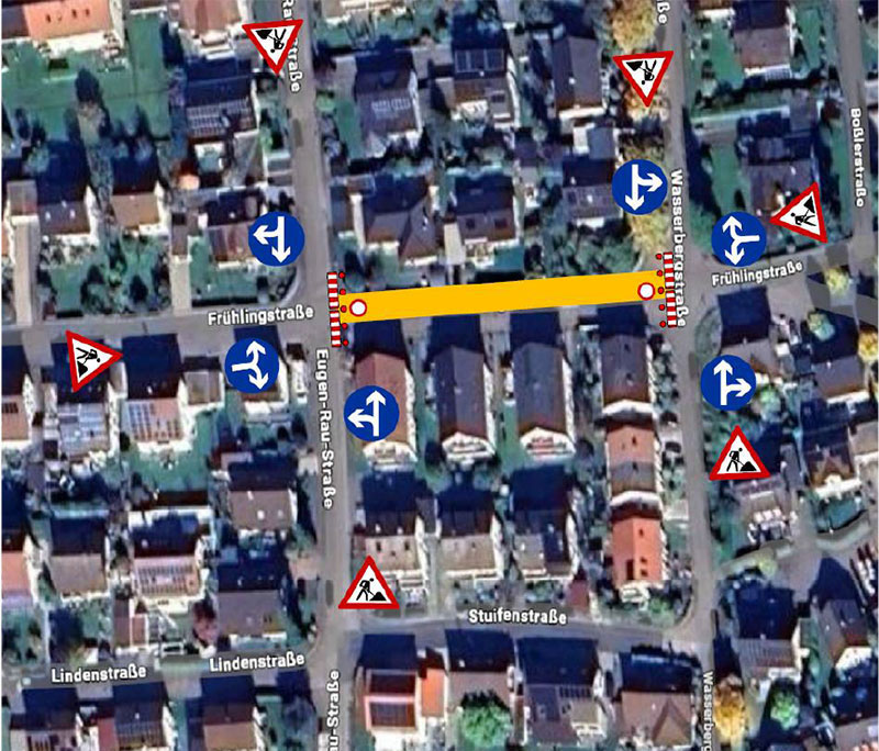 Bild: Ein Teil der Frühlingsstraße wird während des Bauabschnitts 1 gesperrt. Bild: Ein Teil der Frühlingsstraße wird während des Bauabschnitts 1 gesperrt.